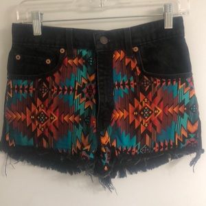 High Waisted Black Aztec Denim Shorts